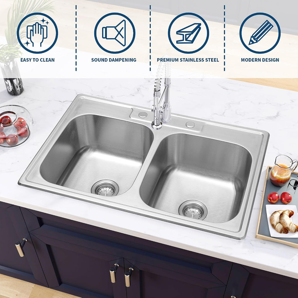 Kitsitchen 33x22 Drop in Kitchen Sink, 33 Inch 304S Stainless Steel Double Bowl Kitchen Sinks with 50/50 Design and Two Strainer, 33' X 22'X 9' Large and Deep Top Mount Kitchen Sinks with 3 holes