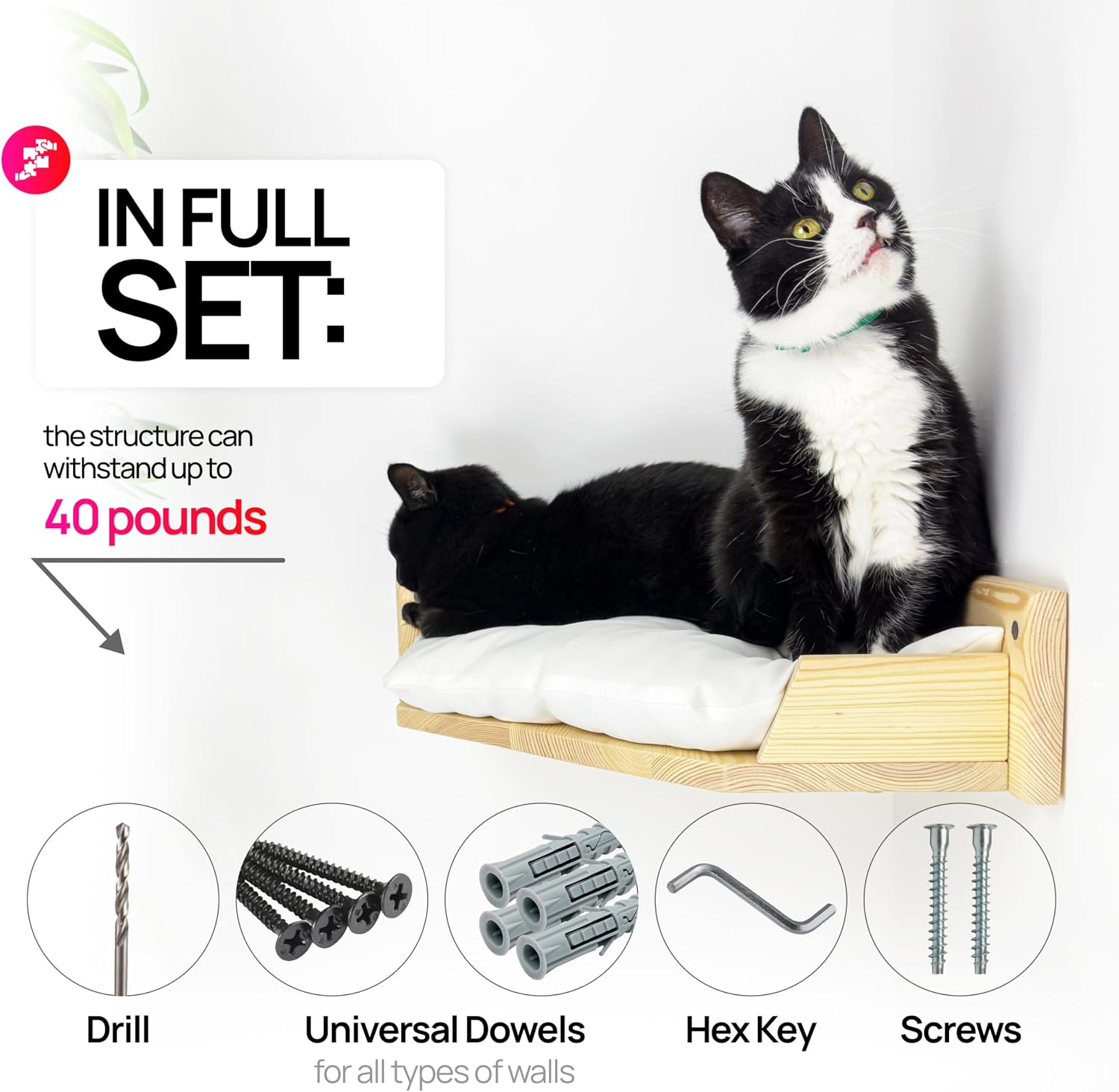 Cat Bed, Wall-Mounted Wooden Corner, Wall Furniture, Cat Corner Wall Shelf Bed with Cushion, Easy to Install (Brown, Pillow Color White)