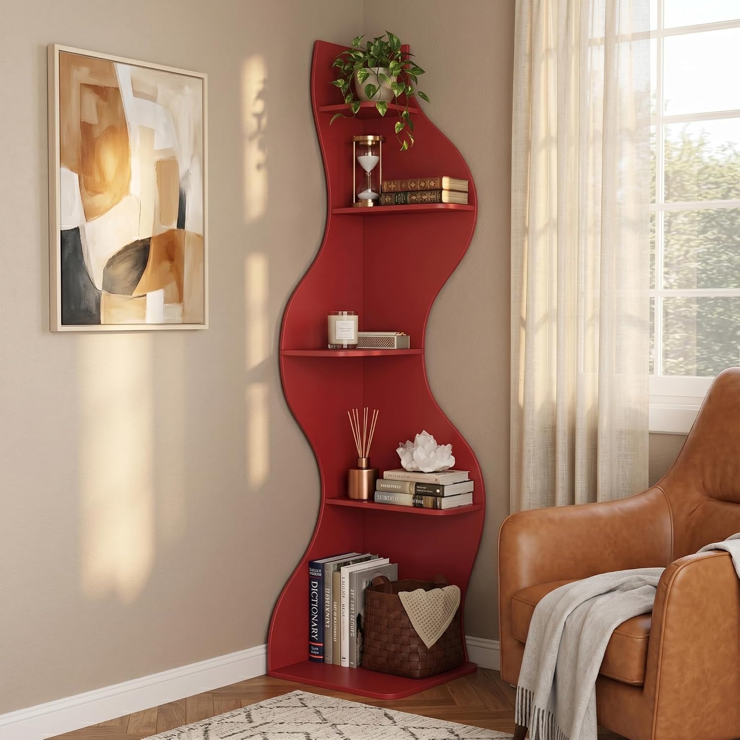 YOWOS 69.4' 5-Tier Modern Corner Bookshelf – Wavy Wooden Display Shelf with Storage, Narrow Corner Bookcase for Small Spaces, Ideal for Plants, Books & Decor (Red)