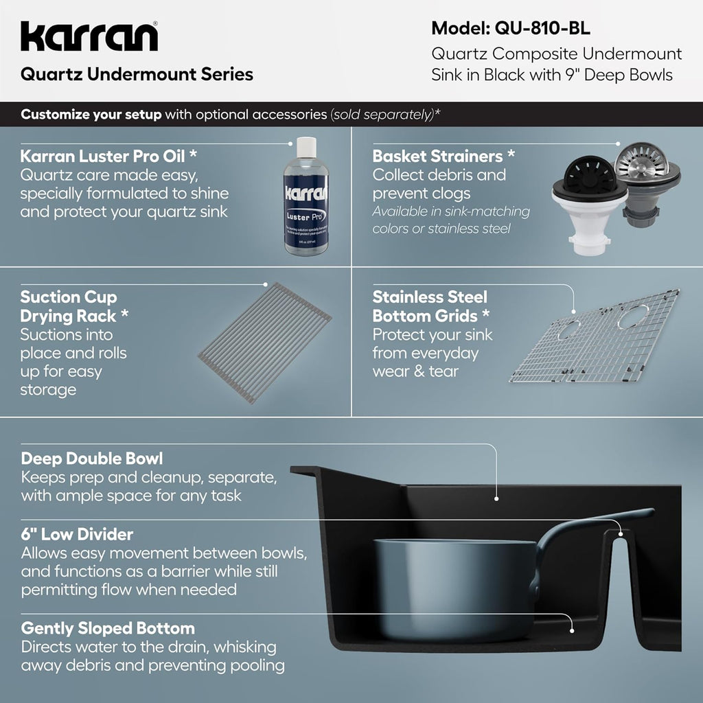 Karran 32' Black Quartz Composite Undermount Double Bowl Kitchen Sink with Low Divider – 50/50 Equal Bowl, 80% Natural Quartz, 535°F Heat Resistant, Sound Dampening, QU-810