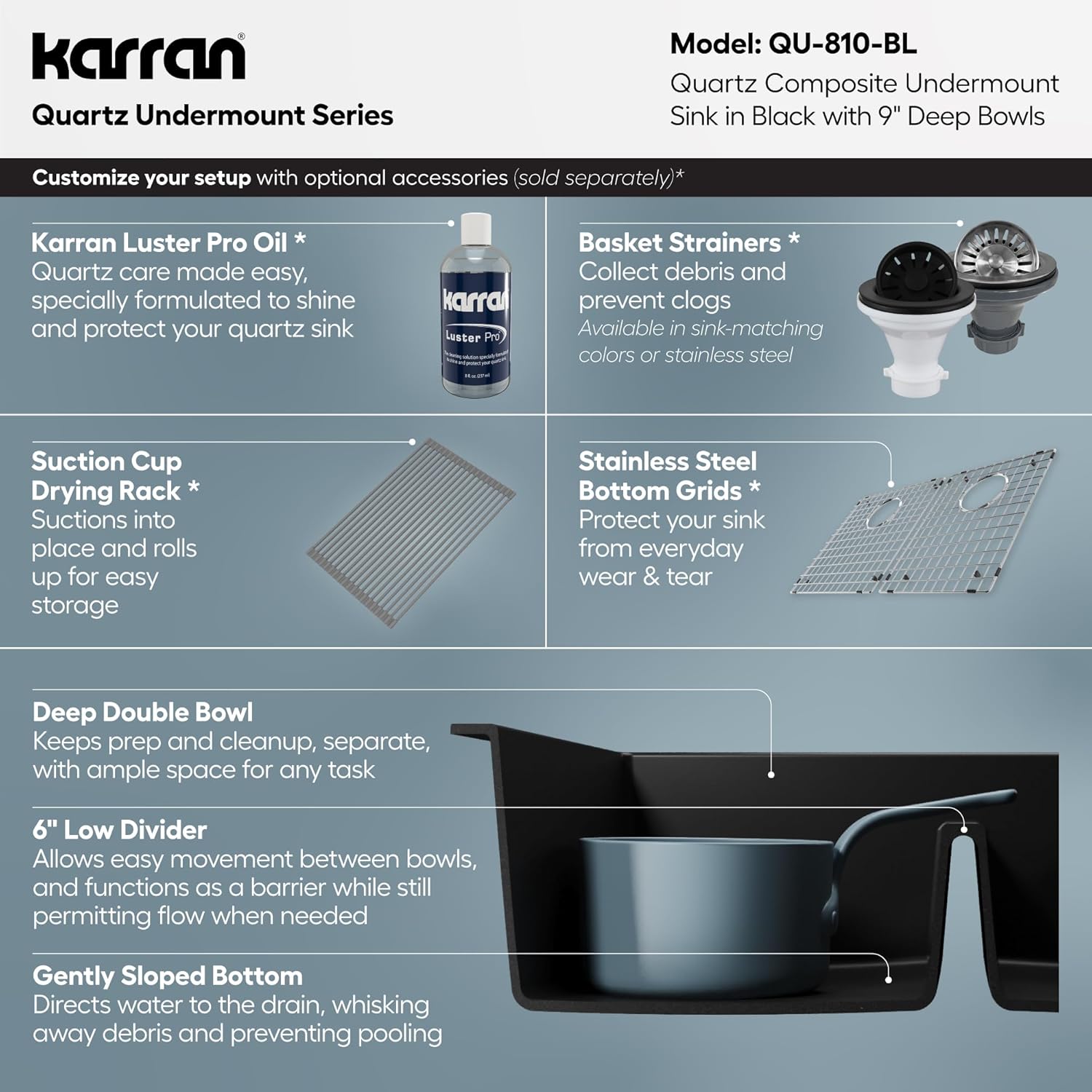 Karran 32' Black Quartz Composite Undermount Double Bowl Kitchen Sink with Low Divider – 50/50 Equal Bowl, 80% Natural Quartz, 535°F Heat Resistant, Sound Dampening, QU-810