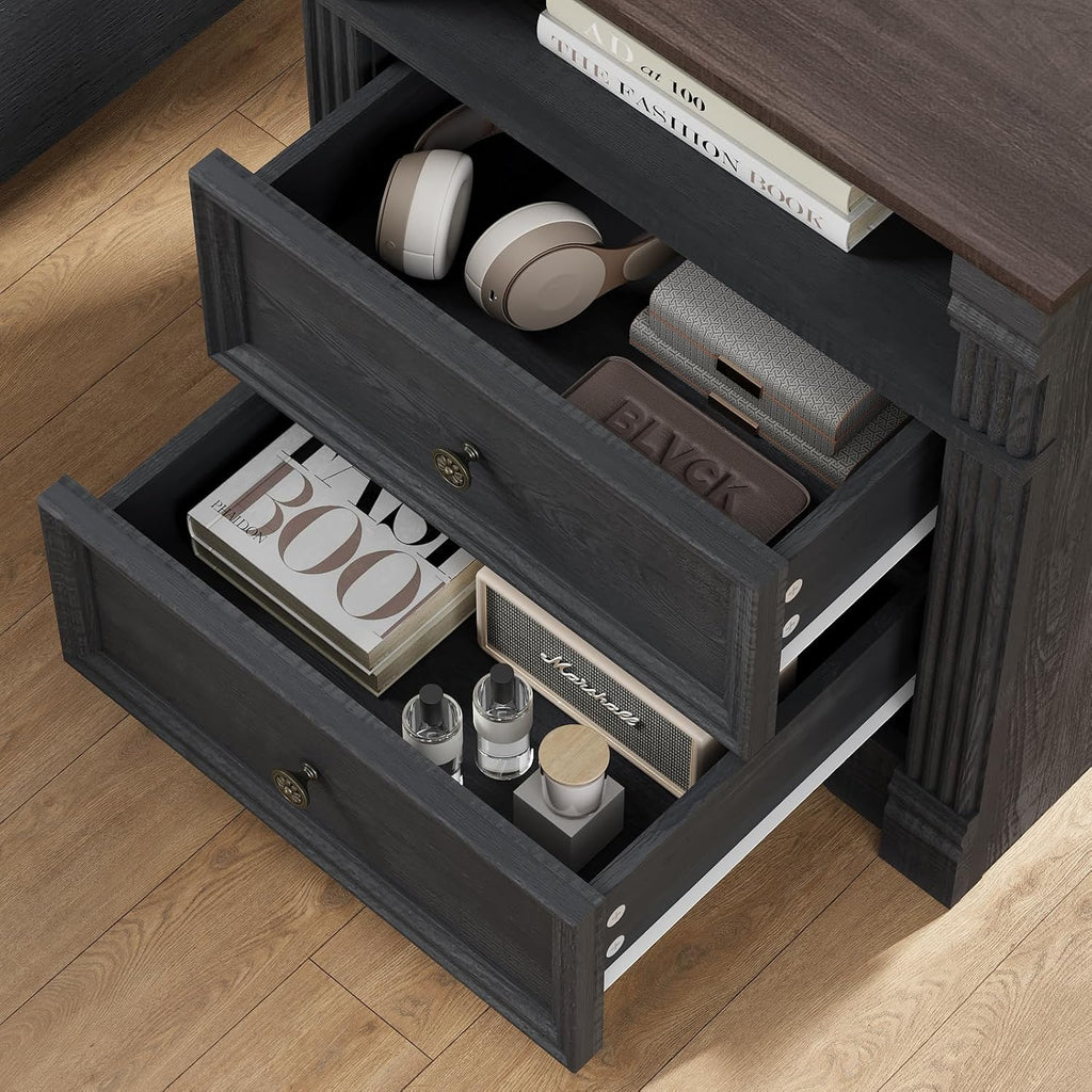 Black Nightstand with Charging Station, Side Table Storage Cabinet with 2 Drawers and Chic Wood Pilasters Design, Farmhouse Wood Bedside Table & End Table with Metal Handles for Bedroom, Living Room