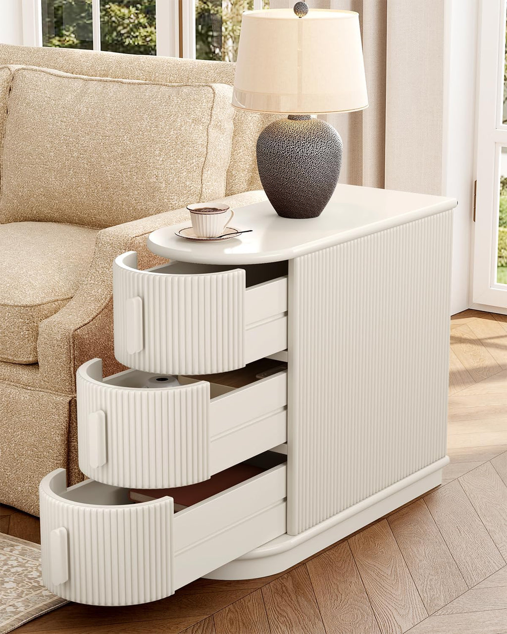 LITTLE TREE End Table with 3 Drawers, No Assembly Required & Closed Back Side Table, Mid-century Modern Sofa Side Table, White Side End Table for Living Room, Slim Nightstand Bedside Table for Bedroom