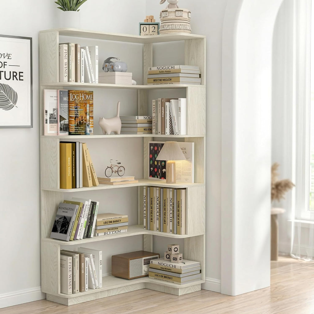 6 Tier Corner Bookshelf, Freestanding L-Shaped Wooden Bookcase with Open Shelves, Anti-Fall Panels and Anti-Tipping Device for Living Room, Home Office (White with Left Extension)