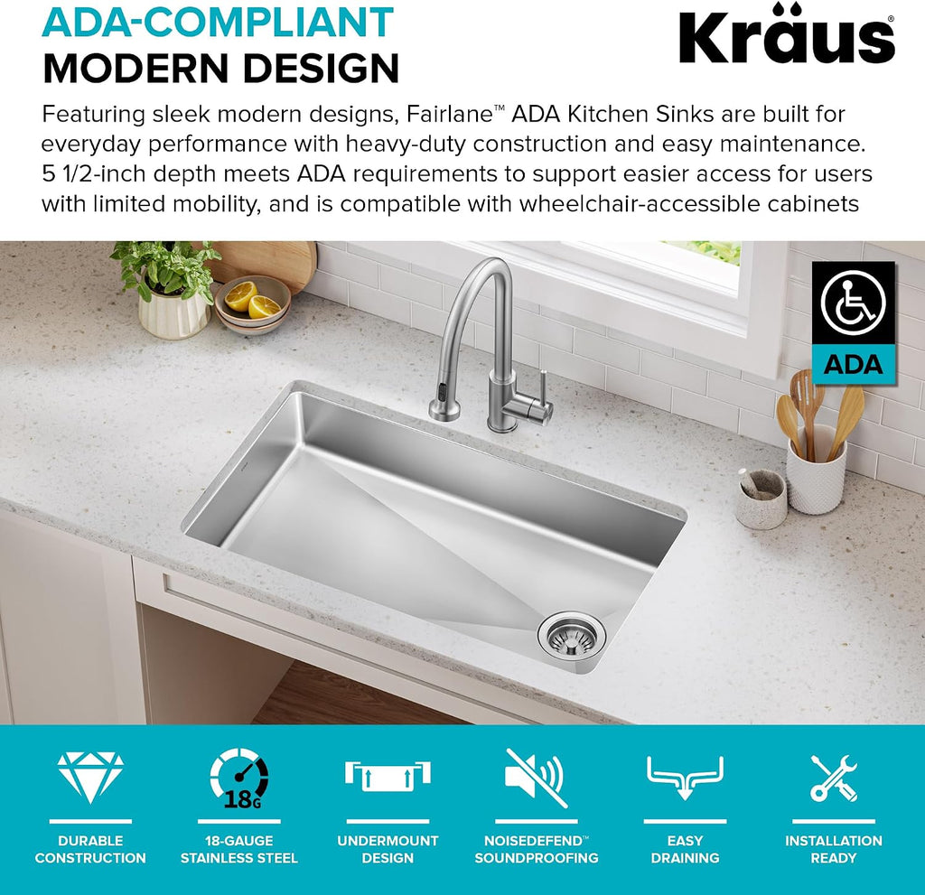 KRAUS Fairlane 33-inch ADA Compliant Undermount Single Bowl 18-Gauge Stainless Steel Kitchen Sink, KHU640-33-5.5