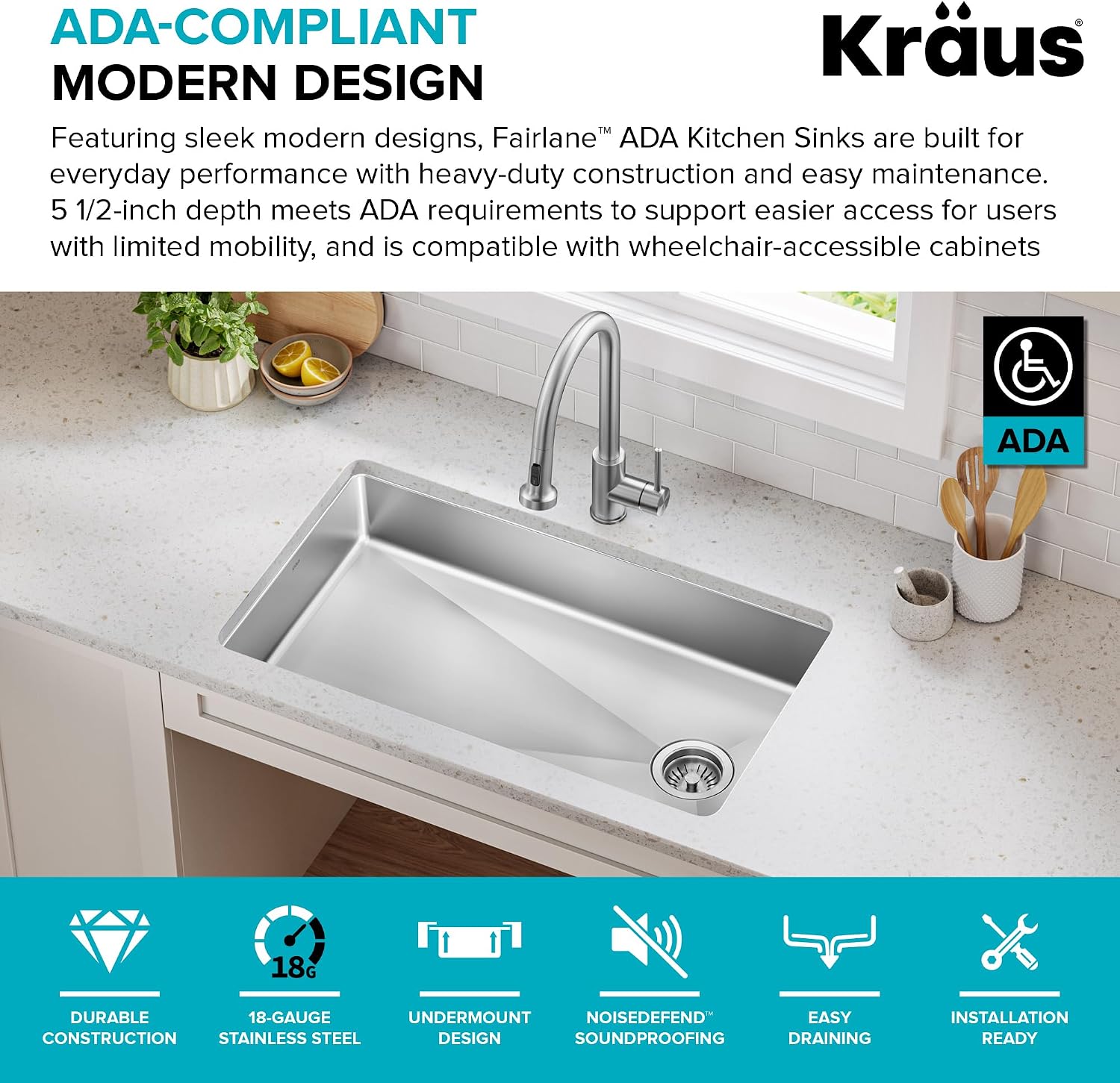 KRAUS Fairlane 33-inch ADA Compliant Undermount Single Bowl 18-Gauge Stainless Steel Kitchen Sink, KHU640-33-5.5