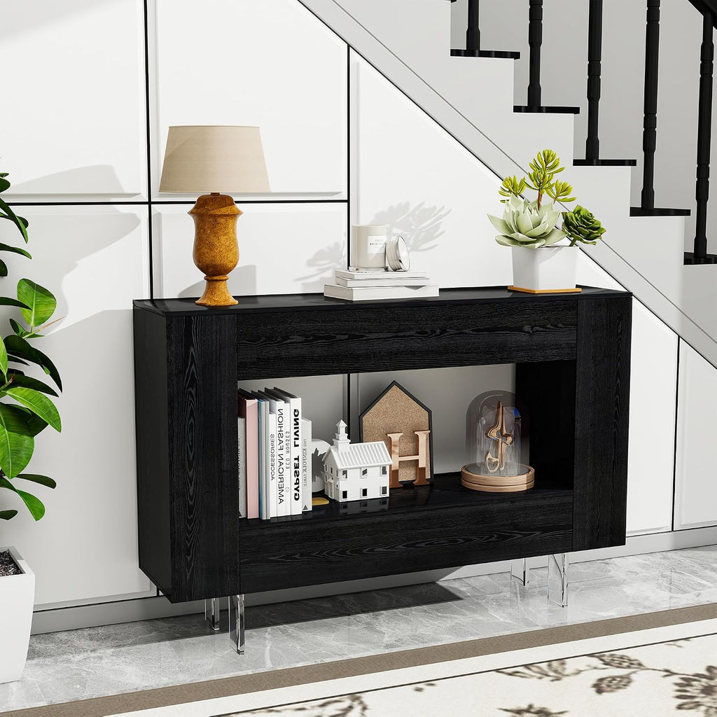 47' Narrow Console Table with Hidden Side Storage Cabinets, Adjustable Shelves, Modern Black Entryway Sofa Table for Behind The Couch, Living Room, Hallway