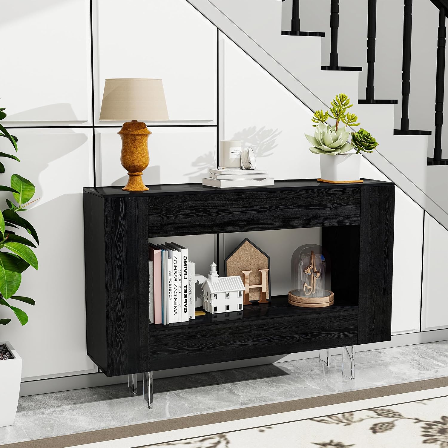 47' Narrow Console Table with Hidden Side Storage Cabinets, Adjustable Shelves, Modern Black Entryway Sofa Table for Behind The Couch, Living Room, Hallway