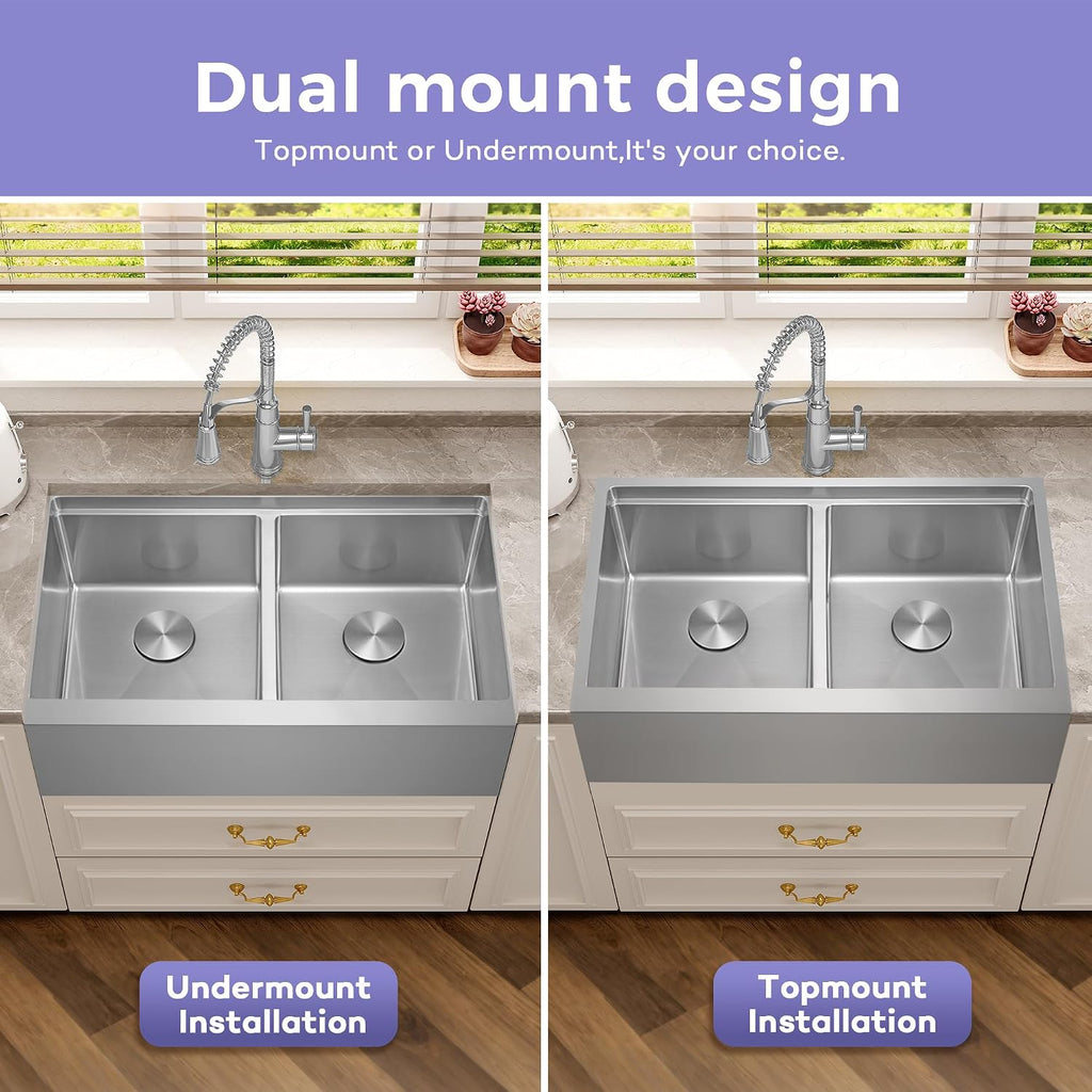 Kitsitchen Double Bowl Farmhouse Kitchen Sink, 16 Gauge 304S Stainless Steel Farm Sinks, 50/50 Design 10 Inch Deep Workstation Sinks with Accessories（28'X 22' x 10' ，Stainless Steel Color）