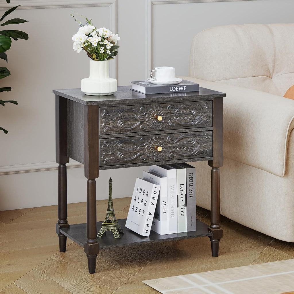 Nightstand, Farmhouse Bedside Table with 2 Drawers and Open Shelf, Wood Sofa Side Table End Table Accent Dresser for Bedroom, Living Room (with Shelf, Black Brown)