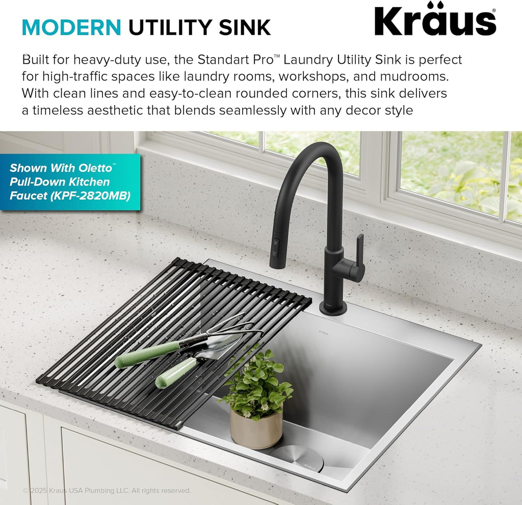 KRAUS Standart PRO 25-inch Drop-In Top Mount 16 Gauge Stainless Steel Single Bowl Laundry Utility Sink, KHT301-25L