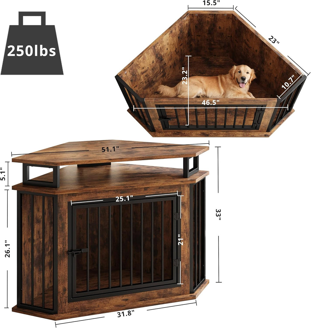 IRONCK Corner Dog Crate Furniture with 2-Tier Shelves – Wooden Pet Kennel for Large Dogs, Space-Saving TV Stand, Rustic Brown (26.7' L x 51.2' W x 33.5' H)