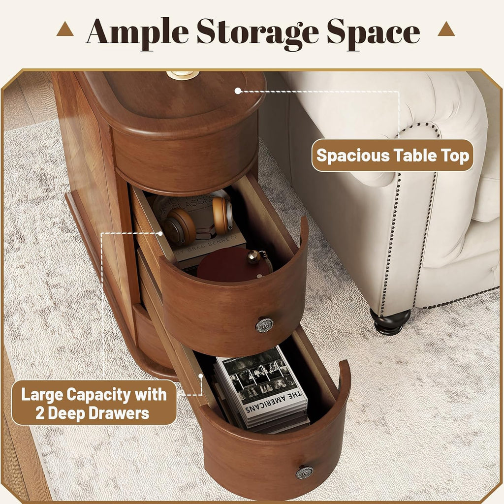 End Tables Living Room, Wood Sofa Side Table with Charging Station,Vintage Narrow Nightstand with 2 Drawers,Couch Accent Tables for Small Spaces,Bedroom, Fully Assembled,Brown