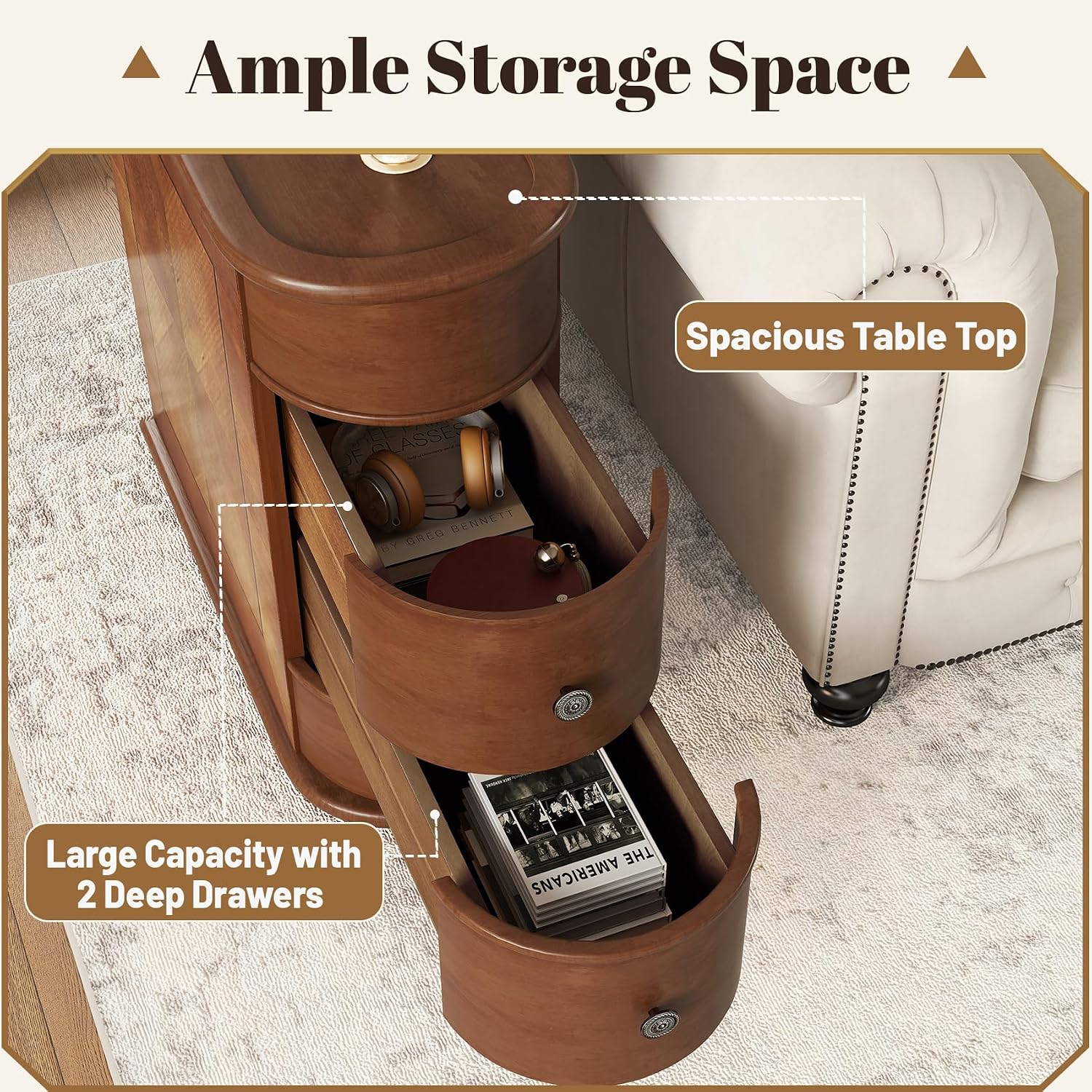 End Tables Living Room, Wood Sofa Side Table with Charging Station,Vintage Narrow Nightstand with 2 Drawers,Couch Accent Tables for Small Spaces,Bedroom, Fully Assembled,Brown