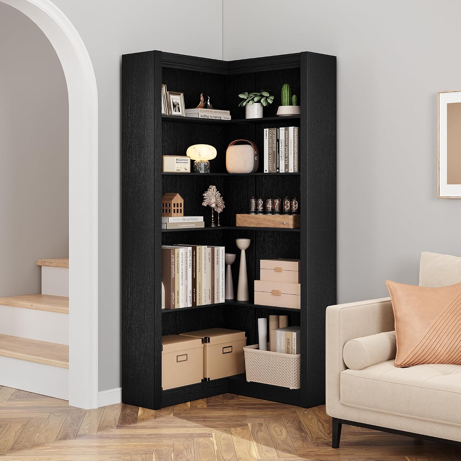GarveeHome Corner Bookshelf Black, 71.8 in Black Corner Bookcase, L-Shaped Bookshelf Farmhouse Bookcase, 5 Tier Display Shelf Heavy Duty Bookcases, Bookshelves with Storage