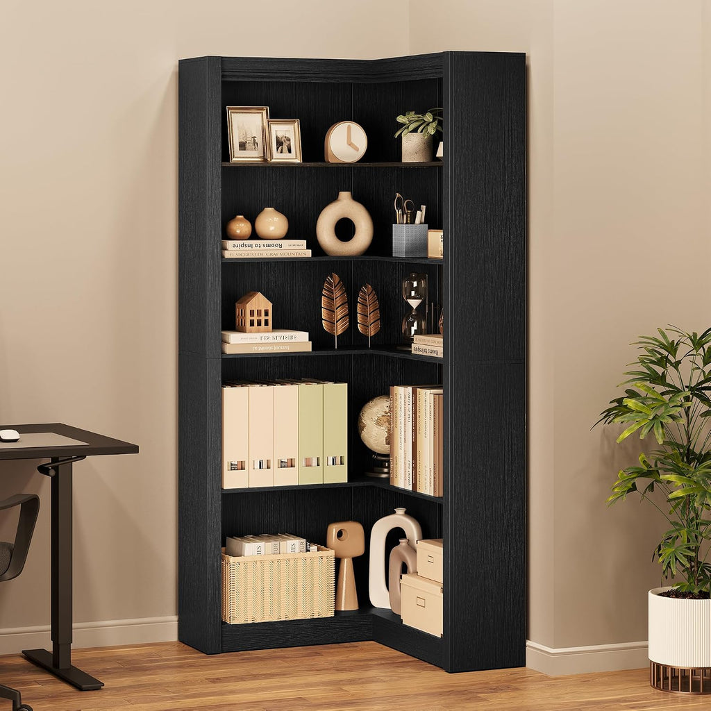 GarveeHome Corner Bookshelf Black, 71.8 in Black Corner Bookcase, L-Shaped Bookshelf Farmhouse Bookcase, 5 Tier Display Shelf Heavy Duty Bookcases, Bookshelves with Storage