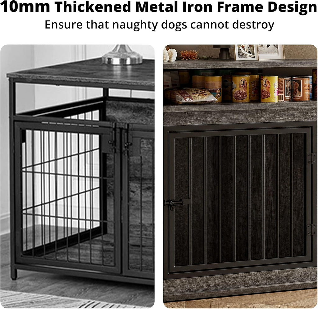 IRONCK 43.3' Corner Dog Crate with 2-Tier Shelves, Wooden Dog Kennel Furniture for TV Stand, Dog Cage Indoor for Small and Medium Dogs, Gray (23.6' L x 43.3' W x 32' H)