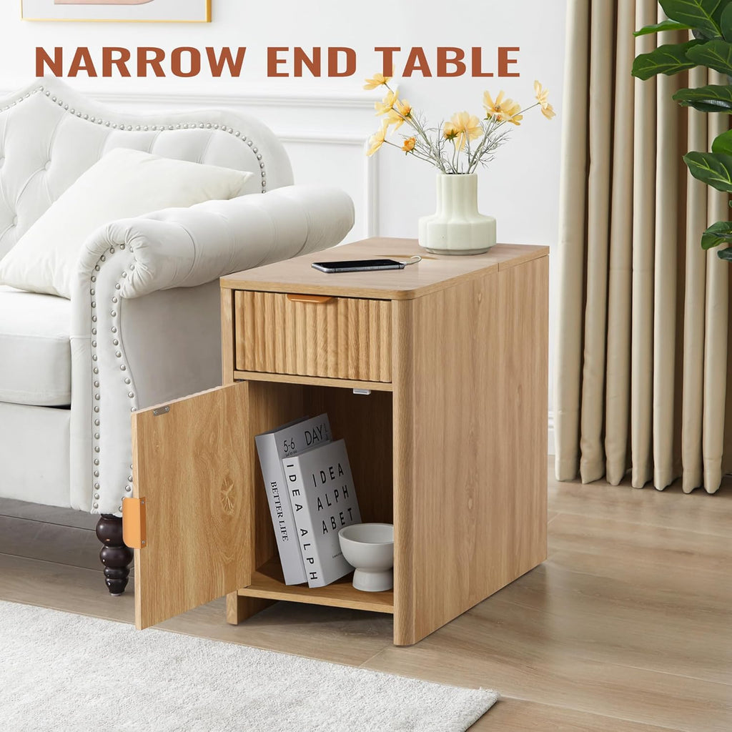 Fluted Narrow End Table with Charging Station, Boho Side Table with Drawer Storage, Small Night Stand with Power Outlets and USB Ports, Sofa Side Table for Living Room, Natural