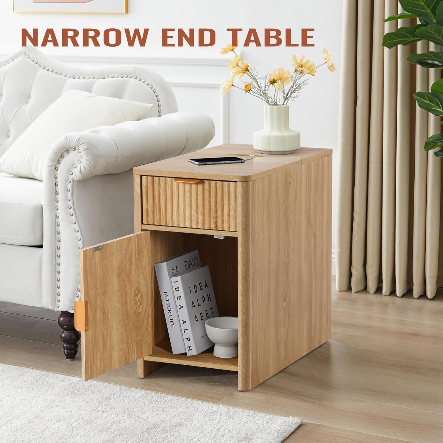Fluted Narrow End Table with Charging Station, Boho Side Table with Drawer Storage, Small Night Stand with Power Outlets and USB Ports, Sofa Side Table for Living Room, Natural