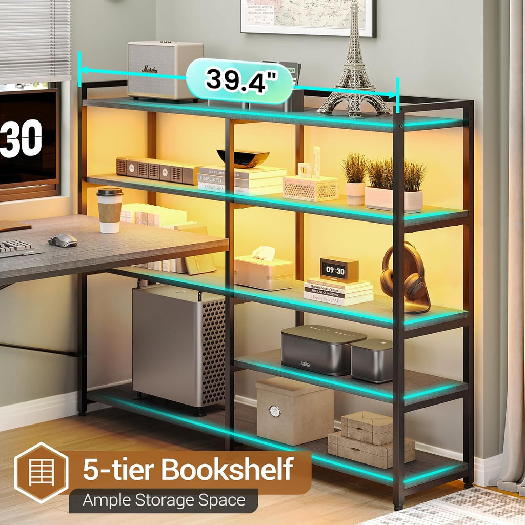 SEDETA Corner Computer Desk, Reversible U Shaped Office Desk with 3 Fabric Drawers and Power Outlet, Corner Gaming Desk with LED Lights, Storage Shelves, Grey