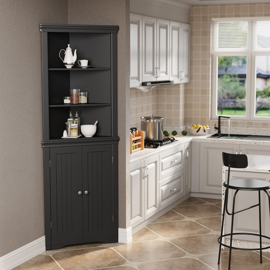 JUMMICO Corner Cabinet Corner Bathroom Cabinet with 2 Doors and 3 Tier Shelves Free Standing Corner Storage Cabinet for Bathroom, Living Room, Bedroom or Kitchen (Black)