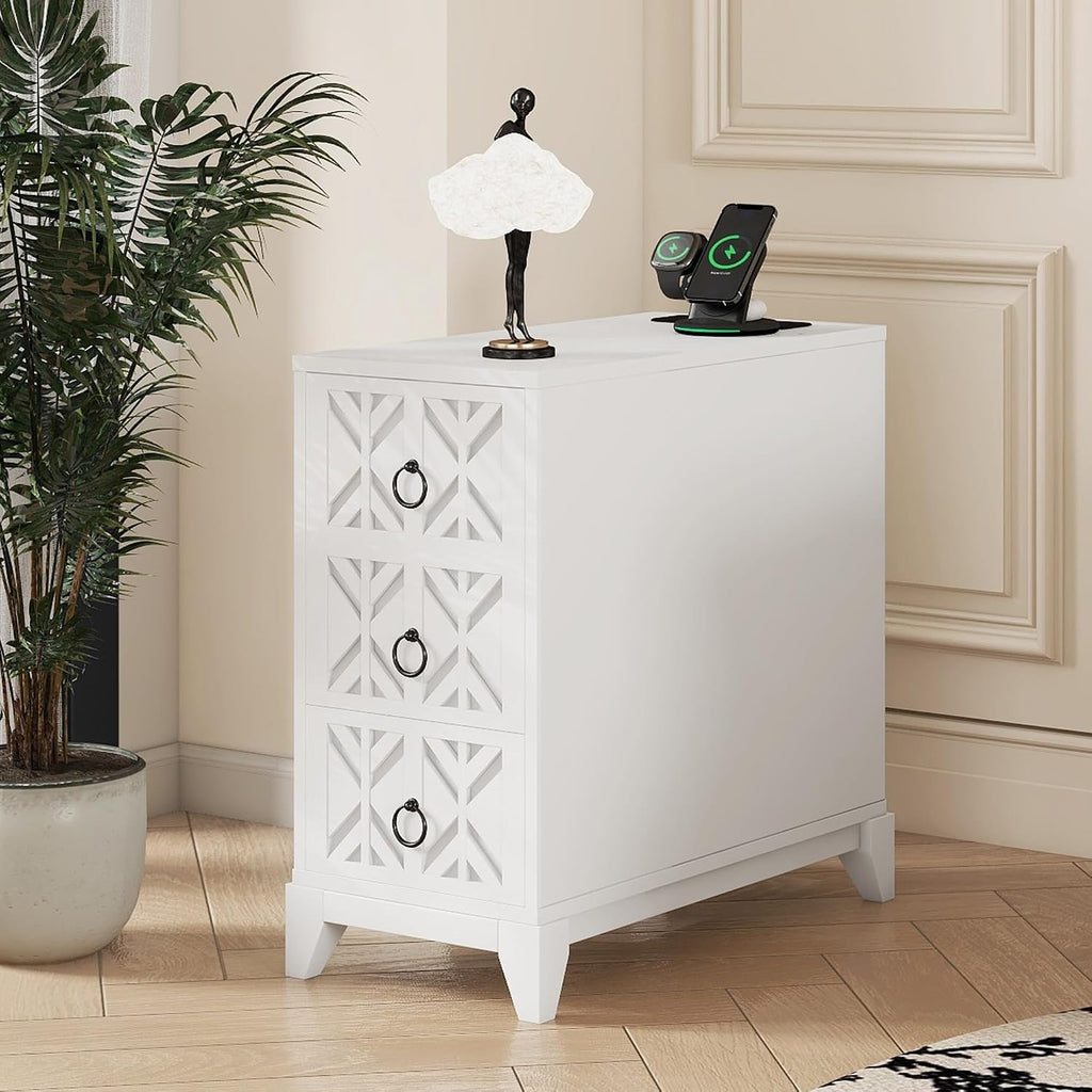 End Table with 3 Drawers & 2 Adjustable Shelves,Corner Table with USB & AC Charge Station,X-Shaped Carved Front,Solid Wood Frame,Tall Narrow Side Tables for Bedroom,Living Room,Small Space,White