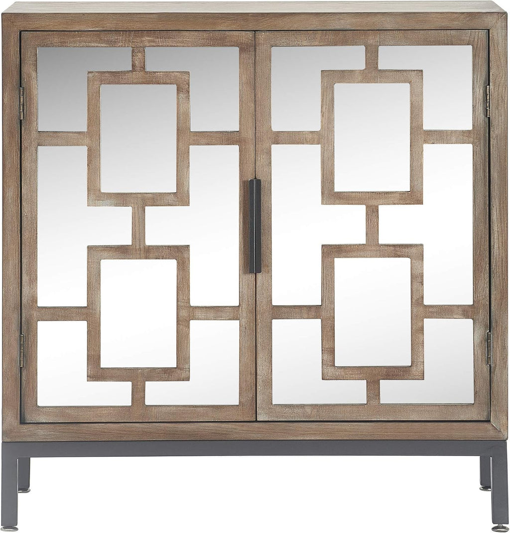 Tommy Hilfiger Hayworth Accent Storage Cabinet with Mirrored Doors, Contemporary Weathered Wood Console Table, Wood Overlay, Gray