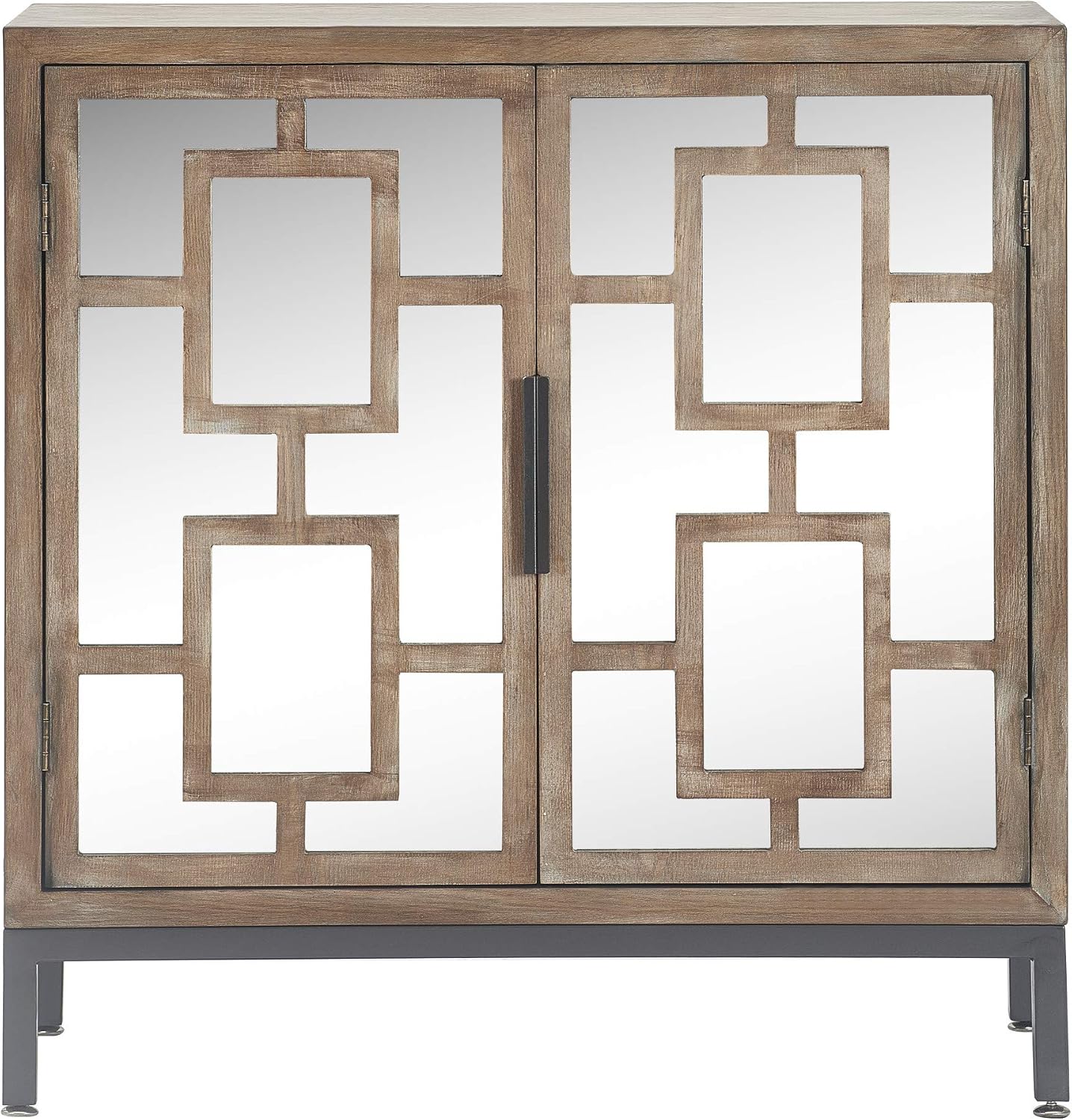 Tommy Hilfiger Hayworth Accent Storage Cabinet with Mirrored Doors, Contemporary Weathered Wood Console Table, Wood Overlay, Gray