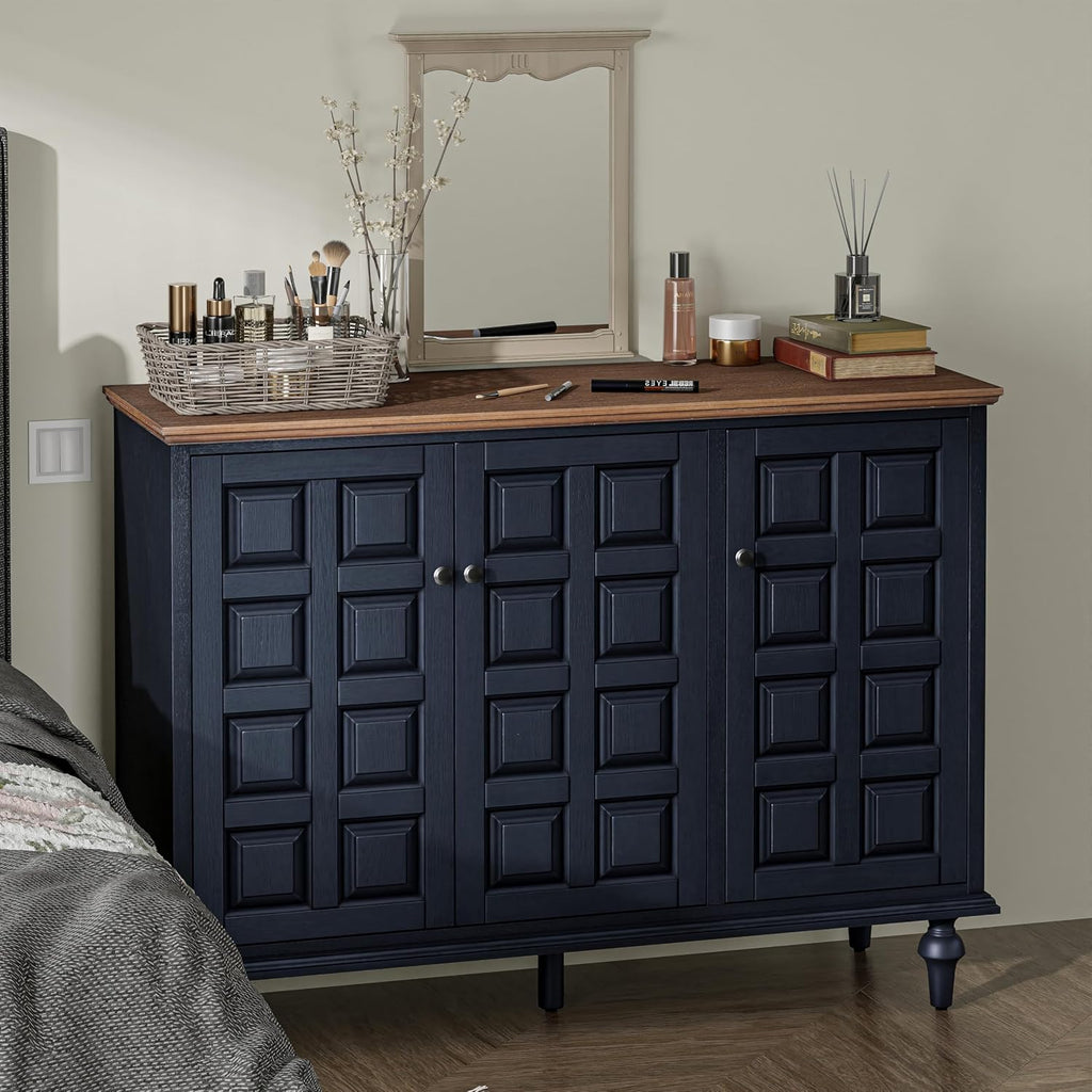 Aoikax Retro 3 Door Storage Cabinet with Plaid Pattern Front, Rustic Side Table for Bedroom, Living Room, Handles, Four Shelves, Pine Wood, Natural Wood, Dark Blue