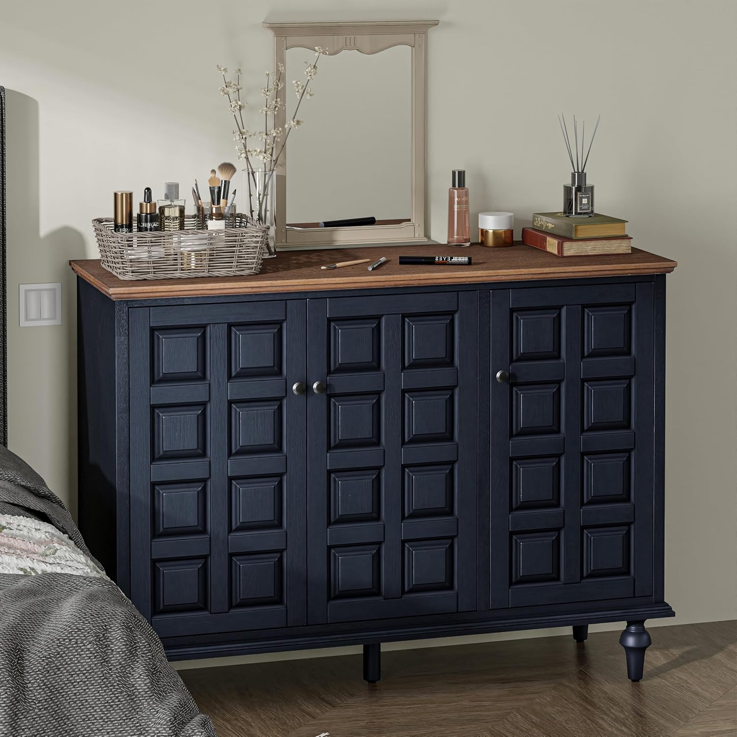 Aoikax Retro 3 Door Storage Cabinet with Plaid Pattern Front, Rustic Side Table for Bedroom, Living Room, Handles, Four Shelves, Pine Wood, Natural Wood, Dark Blue