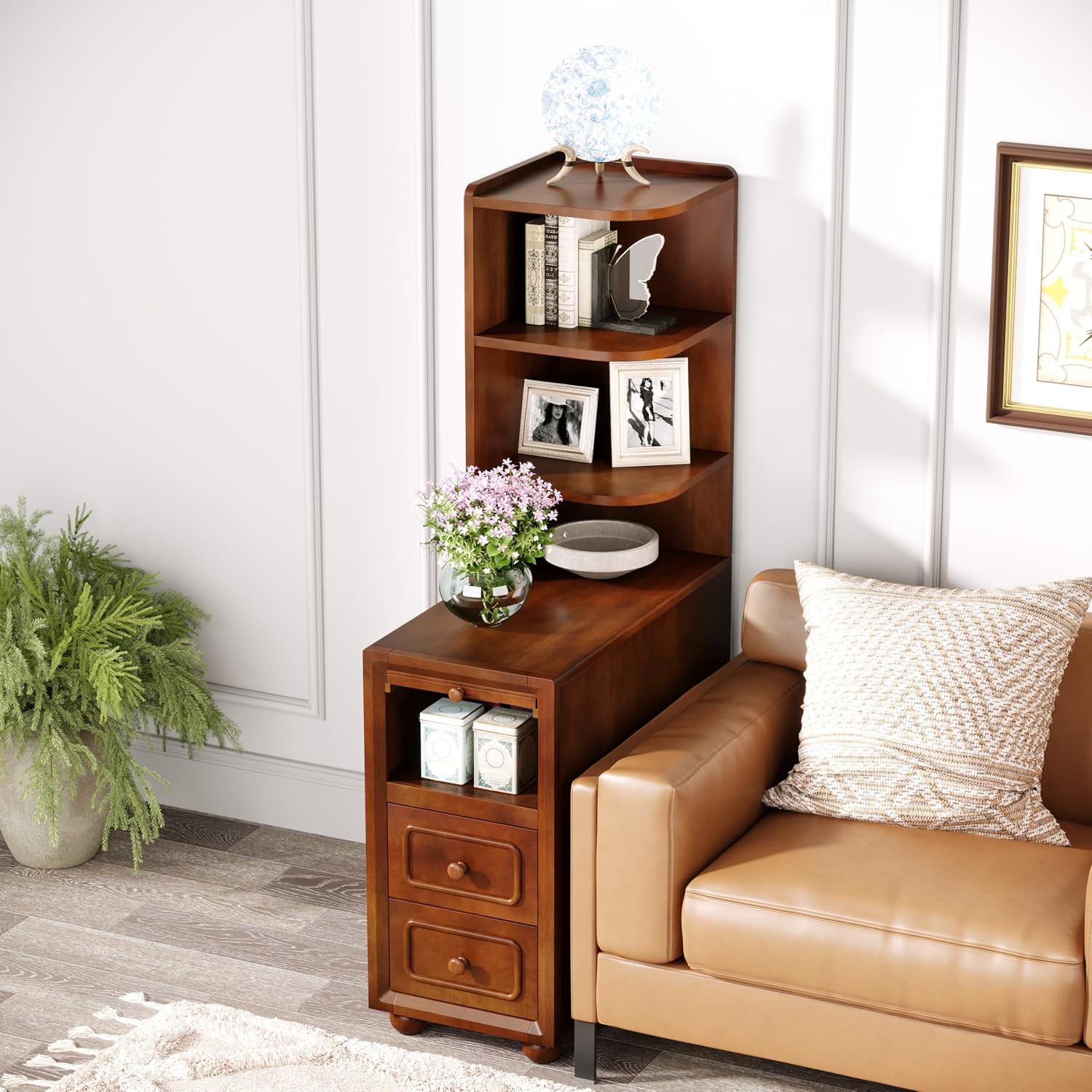Solid Wood End Table with Drawers and Reversible Corner Shelves, Tall Narrow Side Table with Storage High Slim Chair Solid Side Table, Walnut