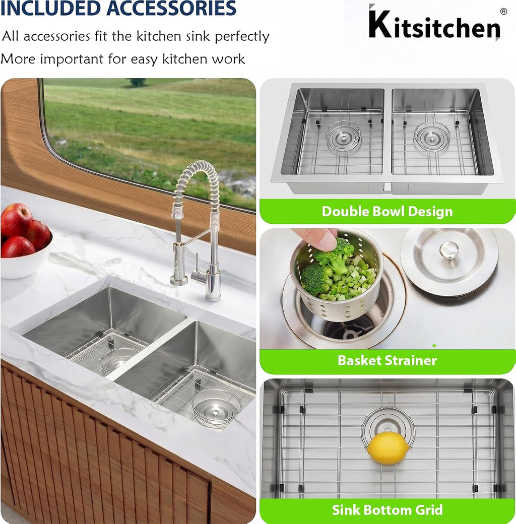 Kitsitchen RV Ktichen Sink,16 Gauge 304S Stainless Steel Undermount Kitchen Sink with Strainer & Bottom Gird, 27' x 16' x 7' Double Bowl Kitchen Sinks Used at RV, Outdoor,Bathroom and Trailer