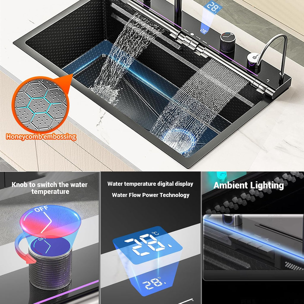 Dual Waterfall Kitchen Sink Modern Kitchen Sink Single Bowl Digital Smart Sink with Soap Dispenser Stainless Steel Sink with Pull-Out Faucet Workstation Sink with Honeycomb(29.5x18.1in)