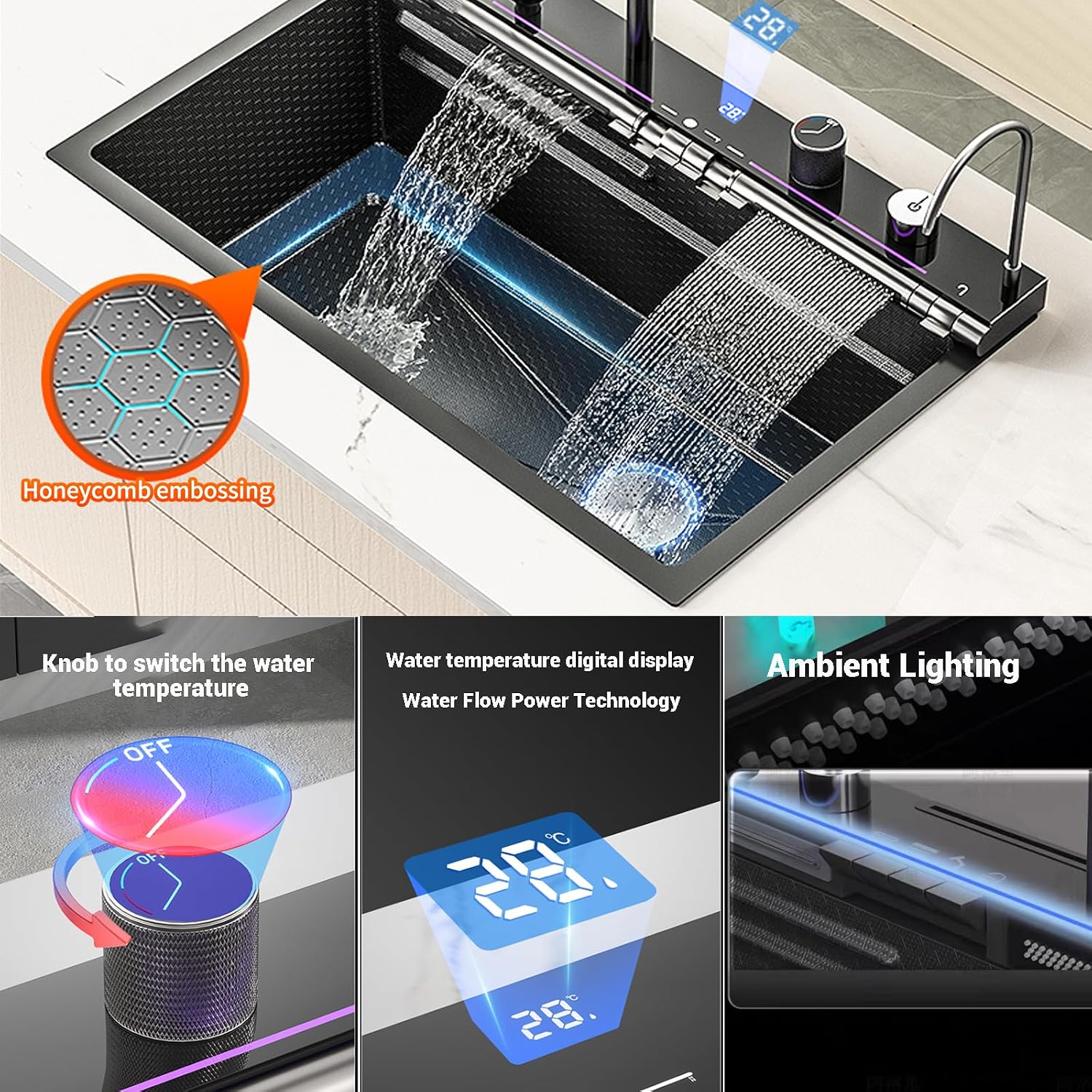 Dual Waterfall Kitchen Sink Modern Kitchen Sink Single Bowl Digital Smart Sink with Soap Dispenser Stainless Steel Sink with Pull-Out Faucet Workstation Sink with Honeycomb(29.5x18.1in)