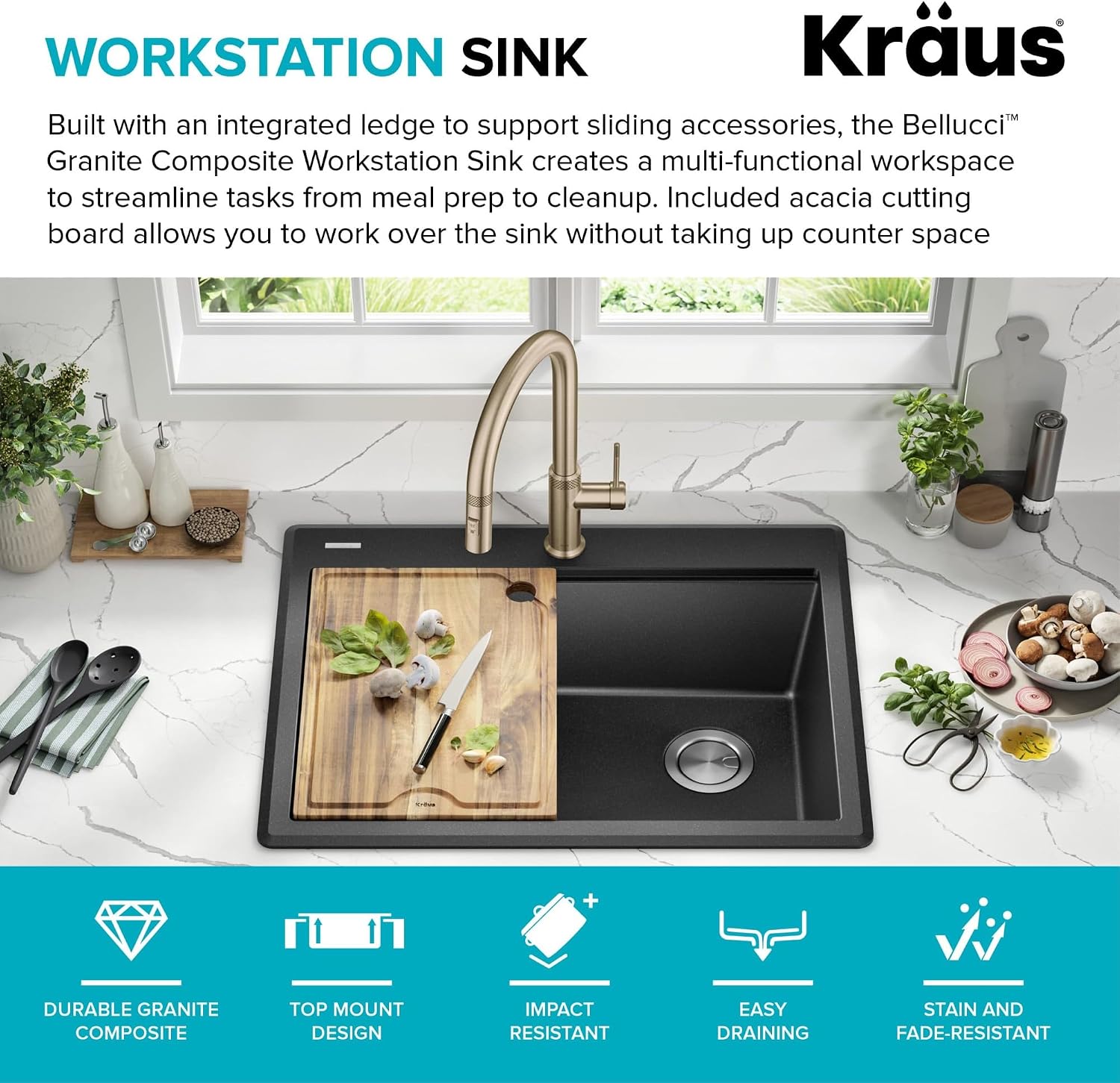 KRAUS Bellucci 28-inch Granite Workstation Drop In Top Mount Single Bowl Kitchen Sink in Metallic Black with Accessories, KGTW12-28MBL