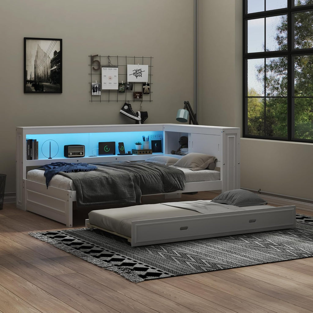 Merax Full Size Wood Daybed with Twin Trundle, L Shaped Wooden Corner Bed Frame with Storage Shelves, USB, Built-in Charging Station, No Box Spring Needed