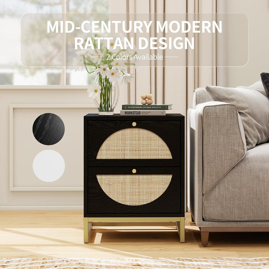 Rattan Nightstand, Boho Bedside Tables with 2 Drawer, Rustic End Table with Storage, Side Table for Living Room, Bed Room, Office, Black, Set of 2