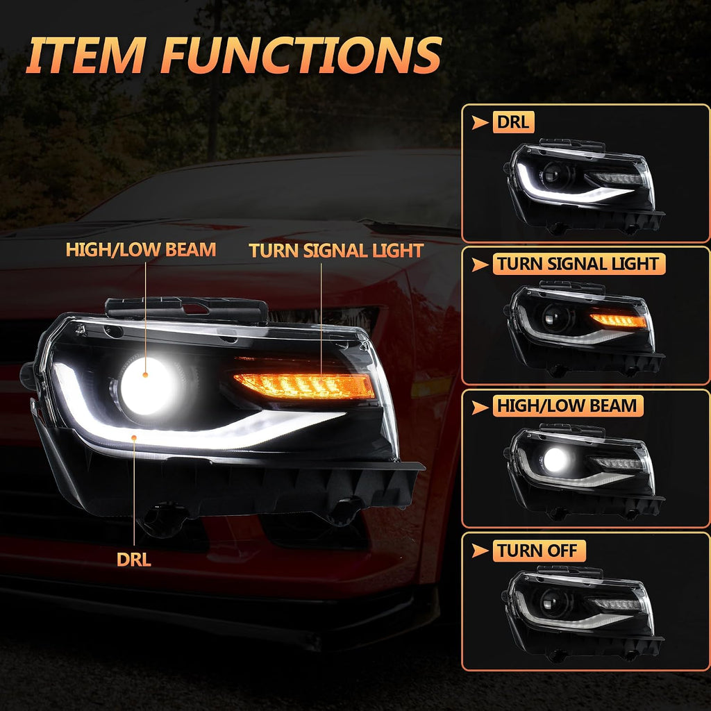 VLAND Headlamp Assembly for Chevrolet Chevy Camaro 5th Gen LS LT SS ZL1 Z/28 2014-2015, Headlamp Assembly with Turn Signal, 1 Pair
