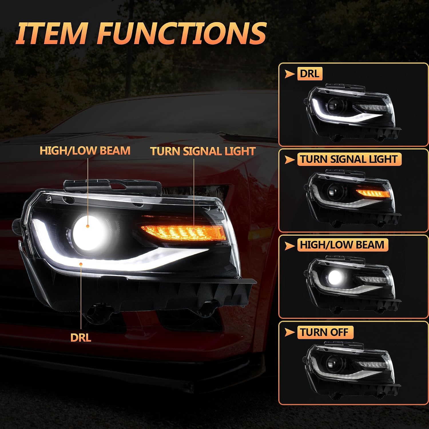 VLAND Headlamp Assembly for Chevrolet Chevy Camaro 5th Gen LS LT SS ZL1 Z/28 2014-2015, Headlamp Assembly with Turn Signal, 1 Pair