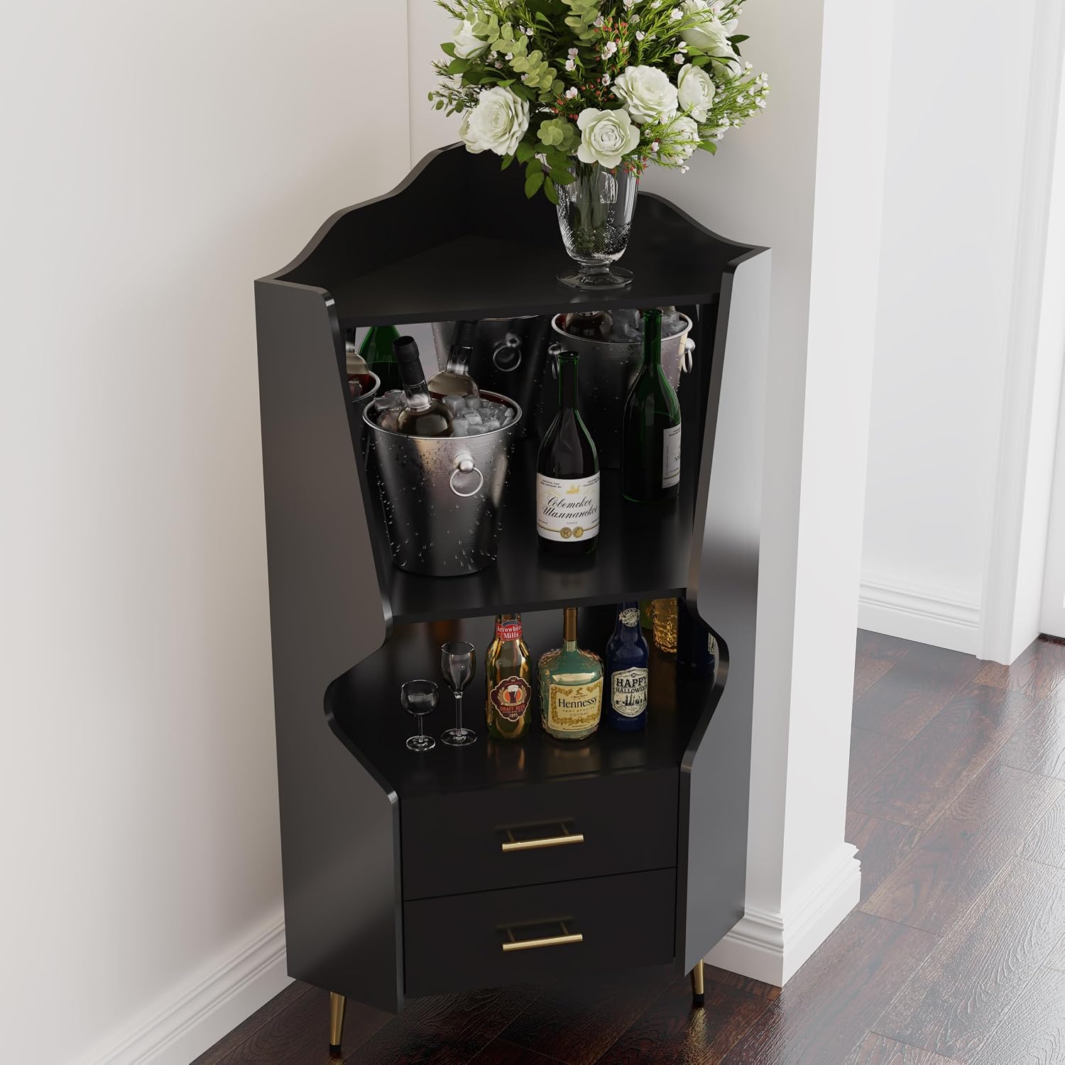 GDFStudio Wooden Corner Shelf Cabinet, Mirrored Back Coffee Bar Cabinets with Drawers & Open Storage, High Feet Corner Wine Rack Liquor Stand Kitchen Storage Cabinet for Living Room Dining Room, Black