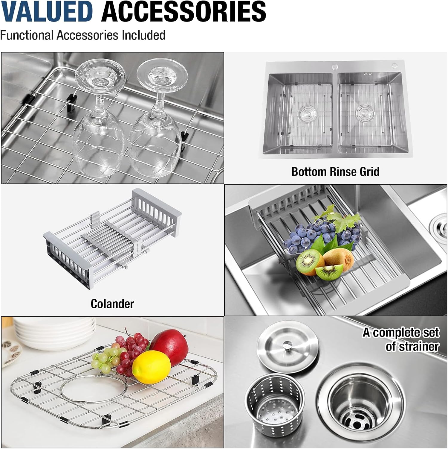 33 Inch Drop In Double Bowl Kitchen Sink with Nano Coating, 20 Gauge 304 Stainless Steel Topmount Kitchen Sink with Accessories