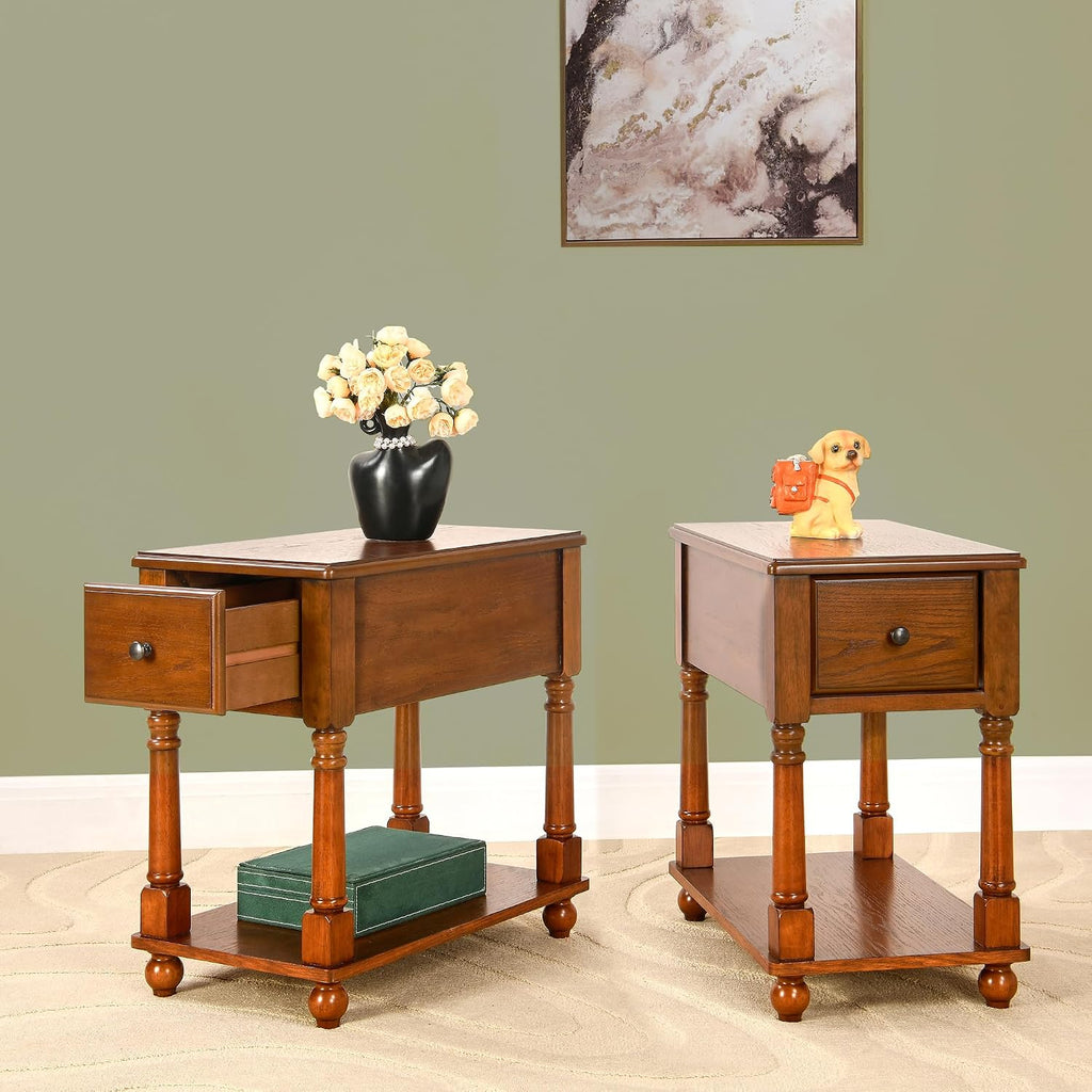 Set of 2 Narrow End Table with Drawer and Shelf, Solid Wood Sofa Side Tables 2-Tier Skinny Table with Storage Slim Bedside Table for Small Space Living Room-Cherry Brown 004DR