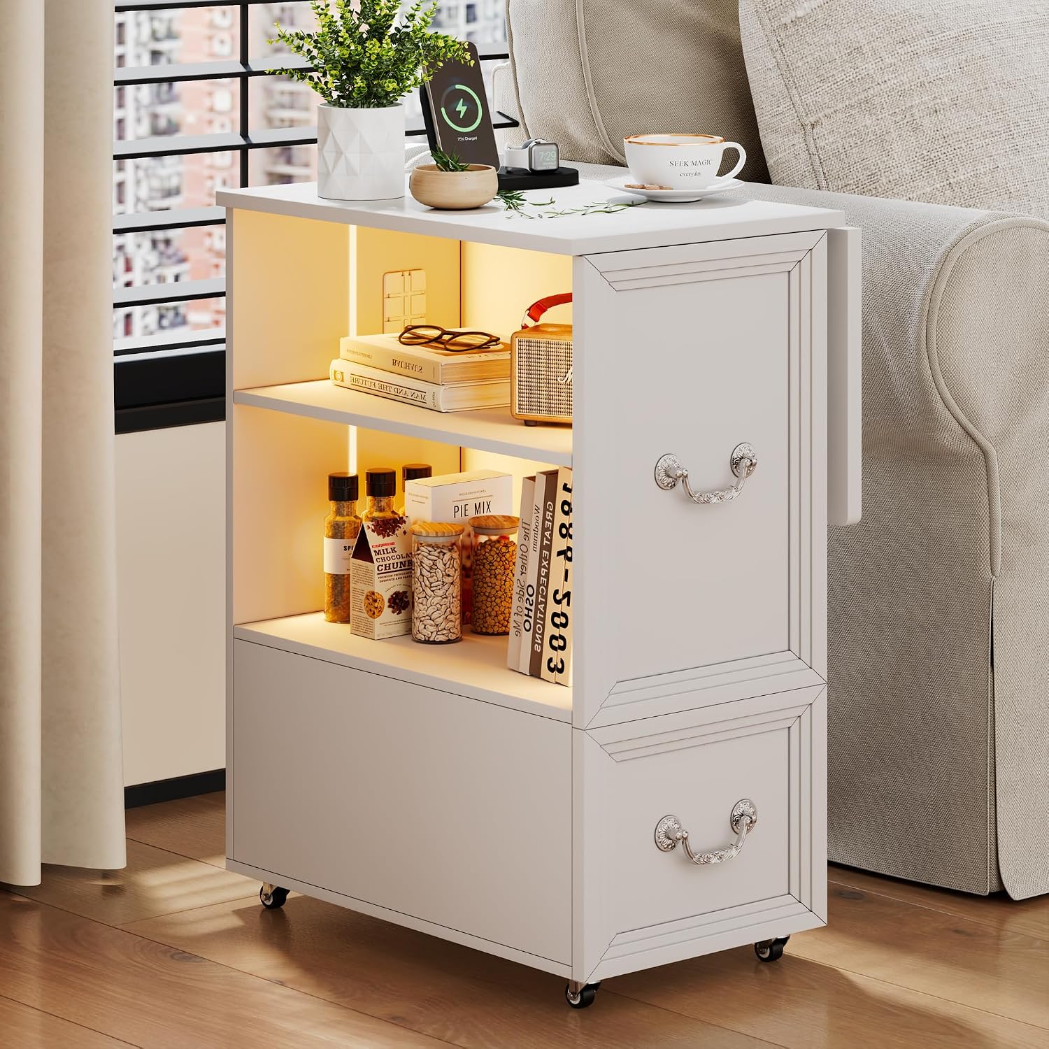 Dystler Side Table Set of 2 with Charging Station and LED Lights, 27.5' Tall Rolling End Table with Drawers and Shelves, Narrow Nightstand with Wheels for Small Space, Living Room, Bedroom, White