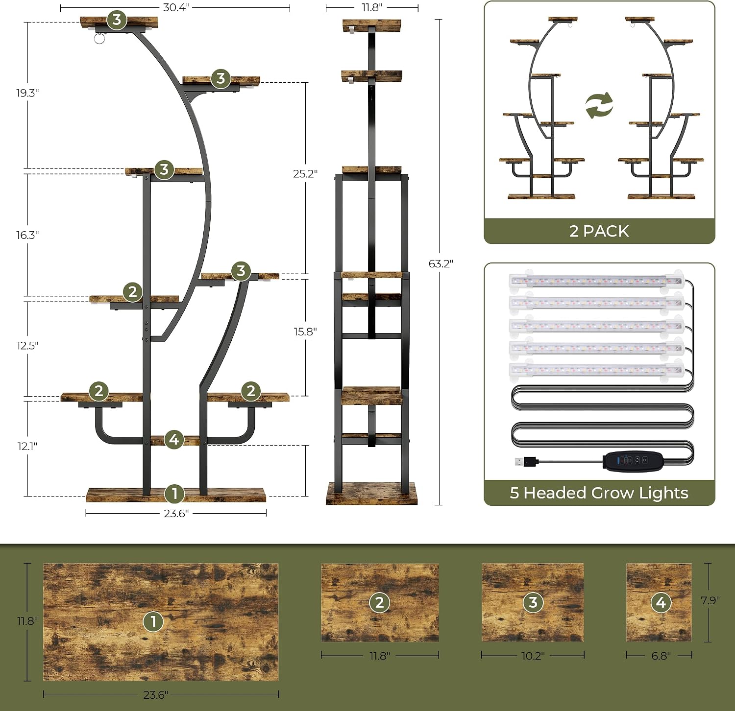 IRONCK Plant Stand Indoor with Grow Lights, 9 Tiered Indoor Plant Shelf, 62' Corner Plant Stands for Indoor Plants, Metal Plant Flower Display Shelves, Moon-Shaped Plant Rack for Home, Patio, Black