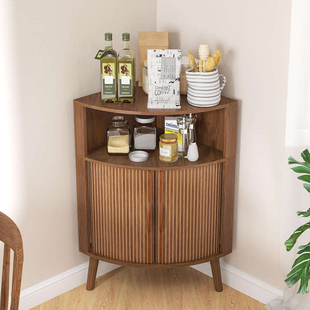 Bathroom Corner Storage Cabinet, 31.5''H Small Floor Corner Cabinet with 2 Fluted Doors and Shelves, Freestanding Narrow Cabinets Organizer for Living Room, Kitchen (Walnut, 31.5''H)