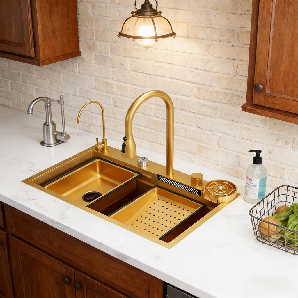 Gold Nano Stainless Steel Kitchen Sink - Single Bowl Workstation with Integrated Waterfall Pull-Out Faucet & Complete Accessory Set (29.5 X 17.7 Inch)