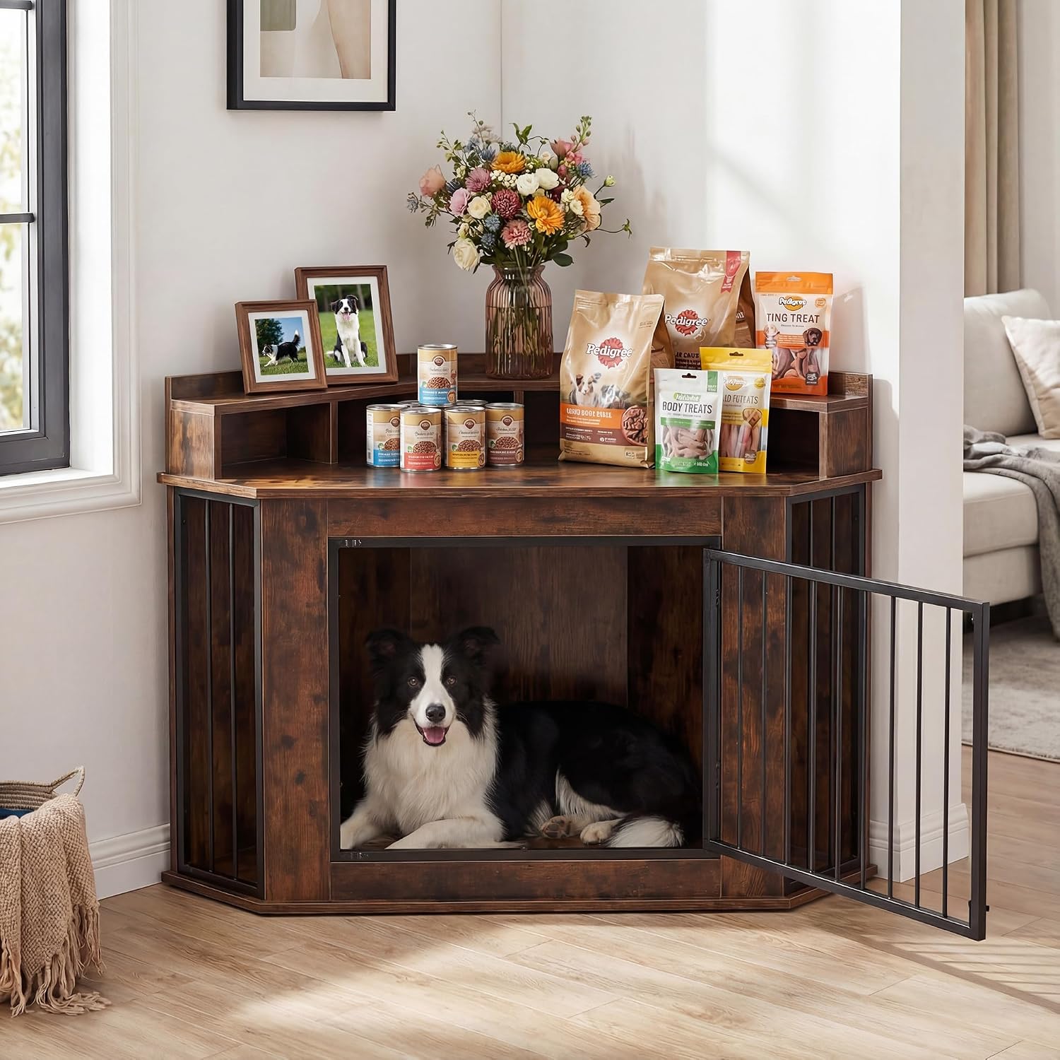 Corner Dog Crate Furniture for Small, Medium Dogs | Heavy Duty Wooden Kennel, 2-Tier Storage Shelves, Anti-Chew Design, Space-Saving, Indoor Use as TV Stand or End Table