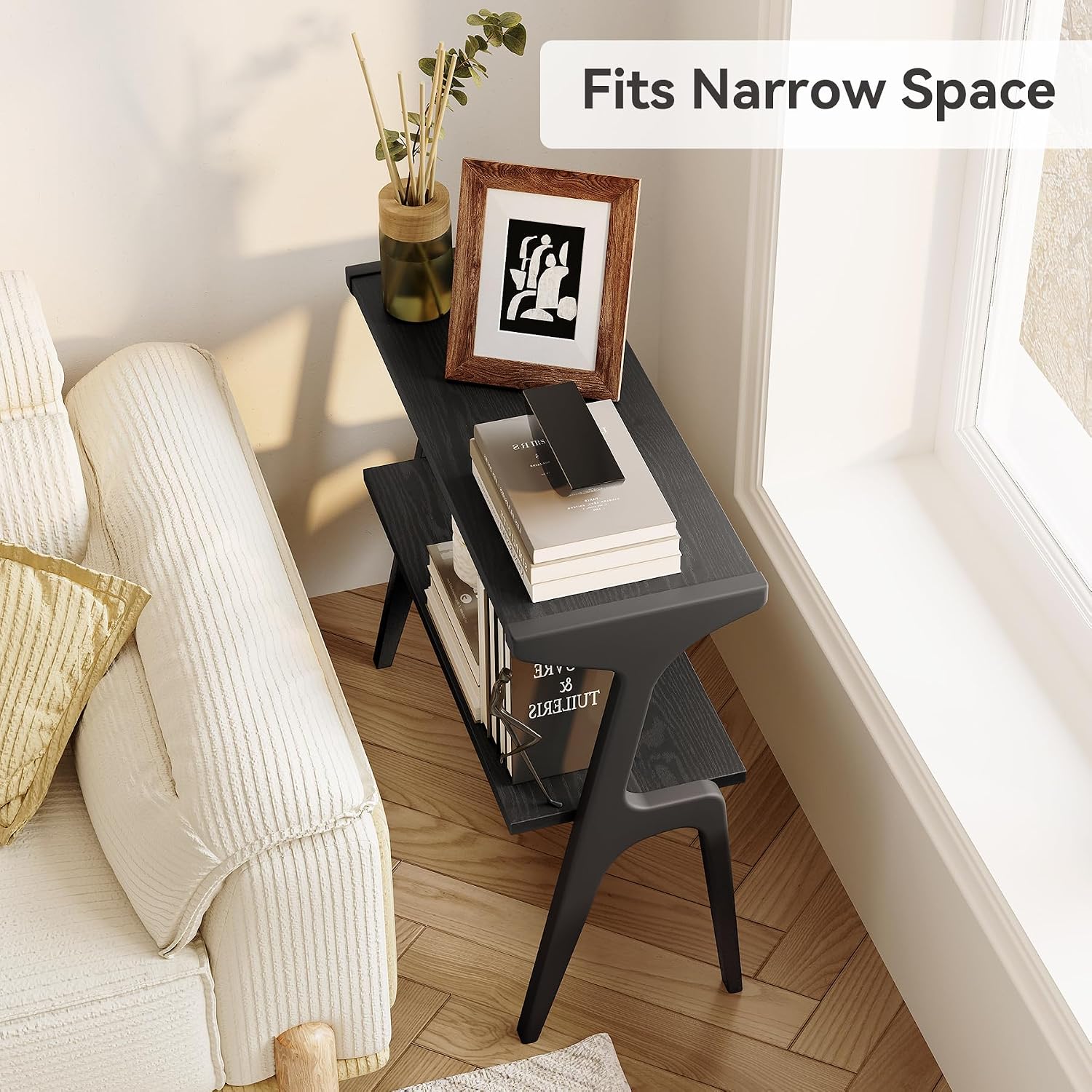 1Easylife Narrow End Table Set of 2, Solid Wood Sofa Side Table with 2-Tier Storage Shelf, Tall Slim Bedside Table Nightstand for Living Room, Bedroom, Black
