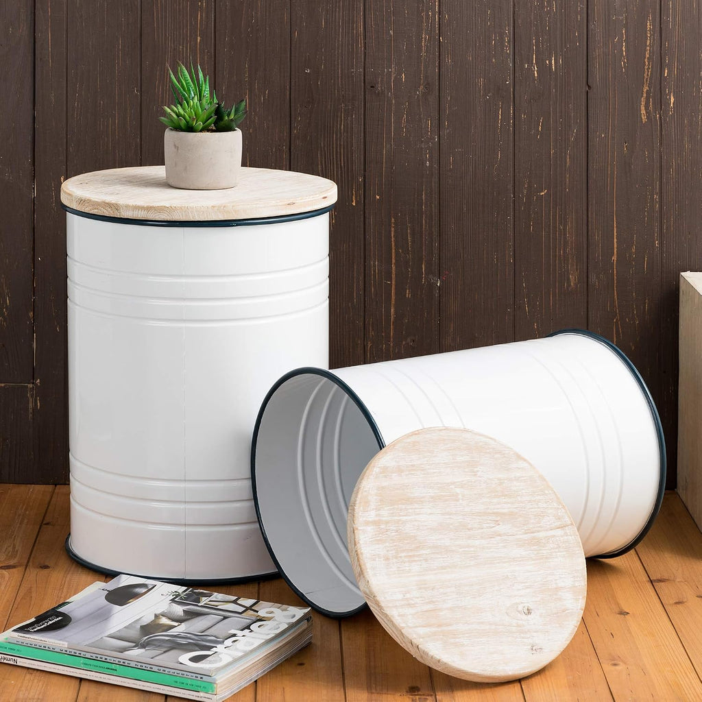 Glitzhome 4-Piece Galvanized Side Table Set, Metal Farmhouse Barrel Toy Box Bins with Round Wood Lid, Rustic Ottoman Seat Stool with Large Storage Space, for Living Room, Bedroom,White