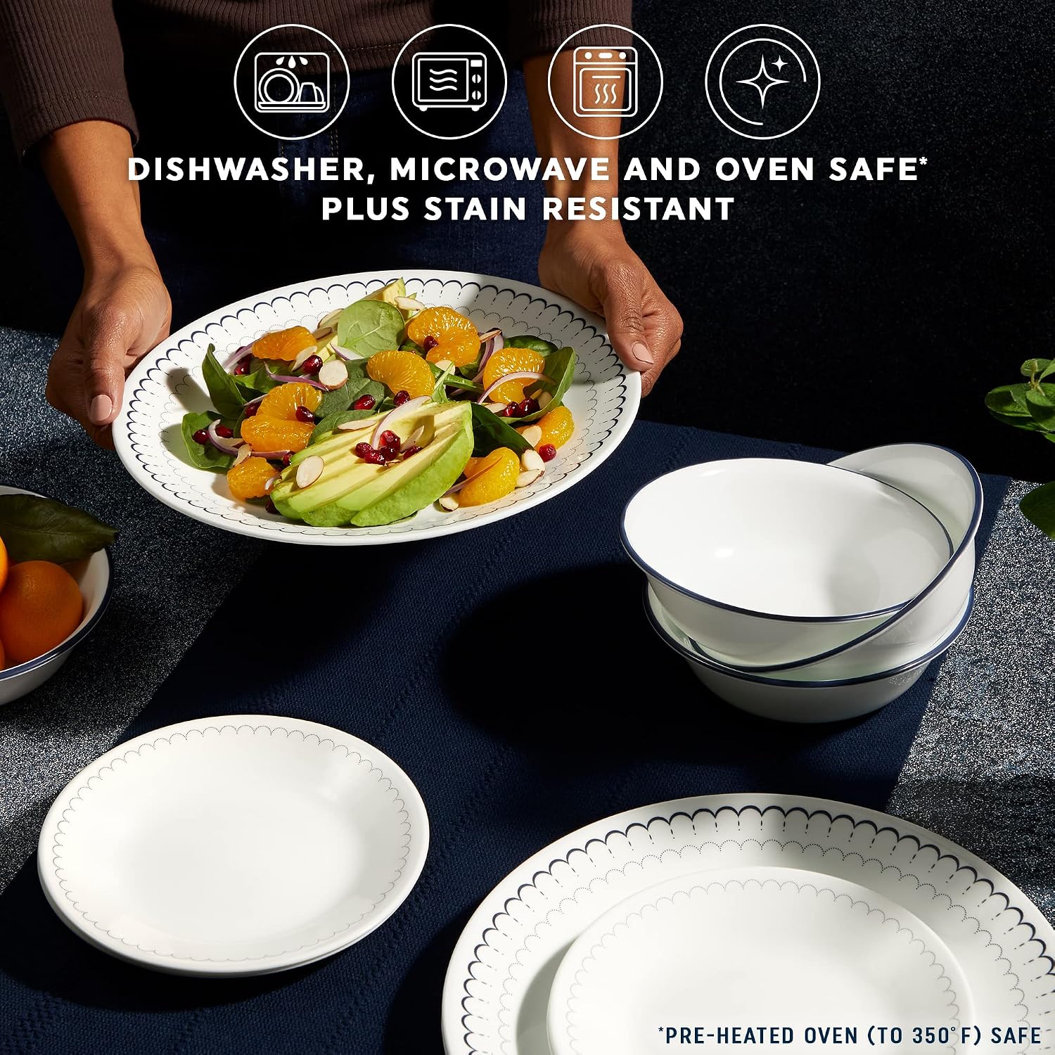 Corelle 18-Piece Dinnerware Set, Service for 6, Lightweight Round Plates and Bowls Set, Caspian & 6-Piece 10.25' Dinner Round Plates, Vitrelle Triple Layer Glass, Caspian
